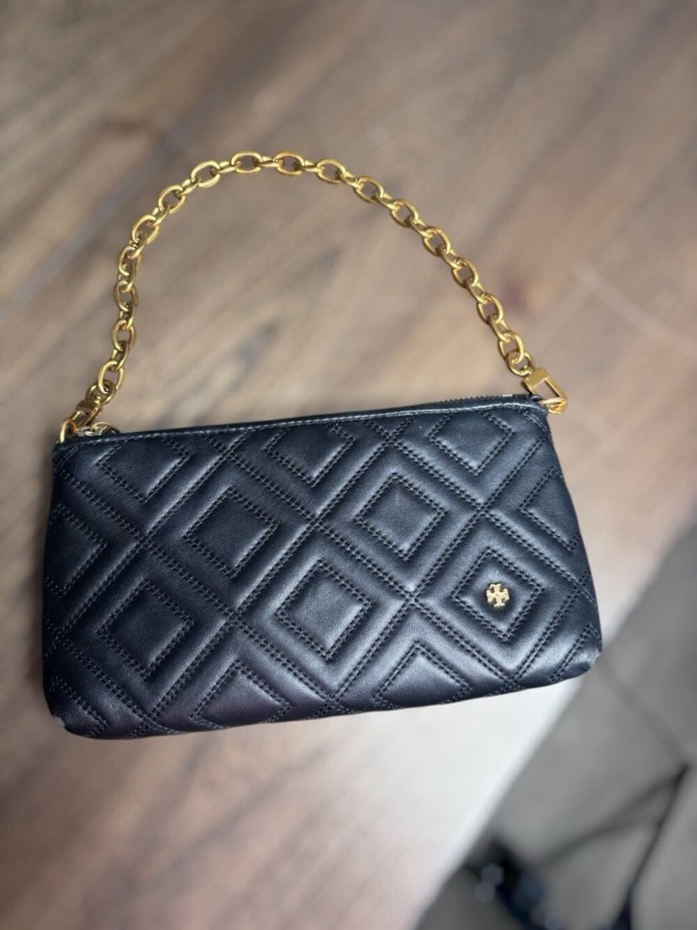 Tory Burch Fleming Small Quilted Black Leather Shoulder Bag Gold Chain